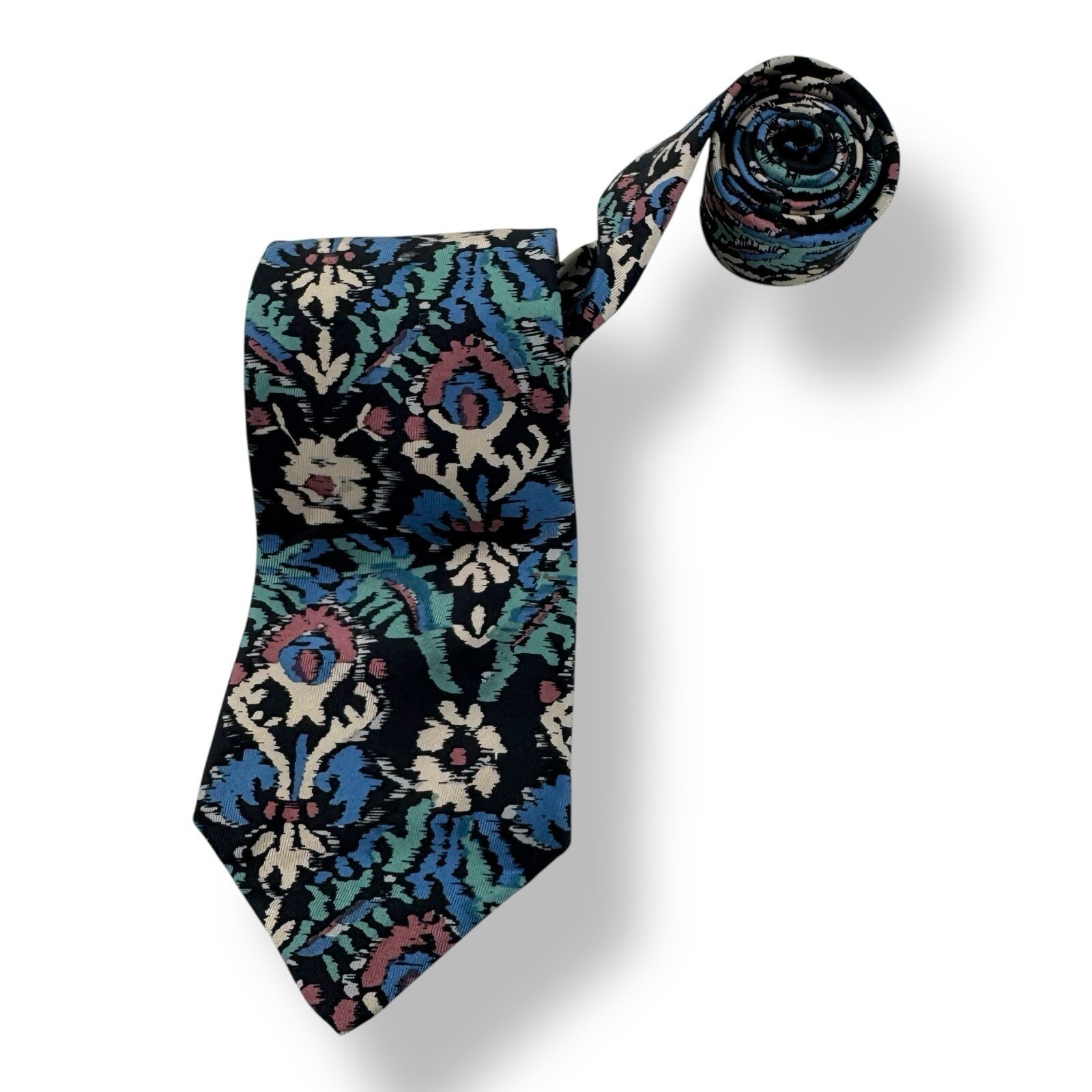 Alberto Zerra Rome New York Pure Silk Tie Blue W/ Green & Purple Abstract Floral